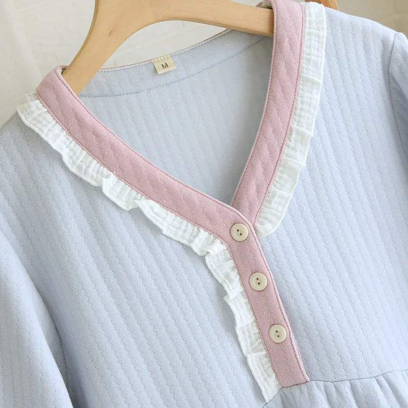 Cozy Thermal Pastel Cotton Long-Sleeve Nightgown