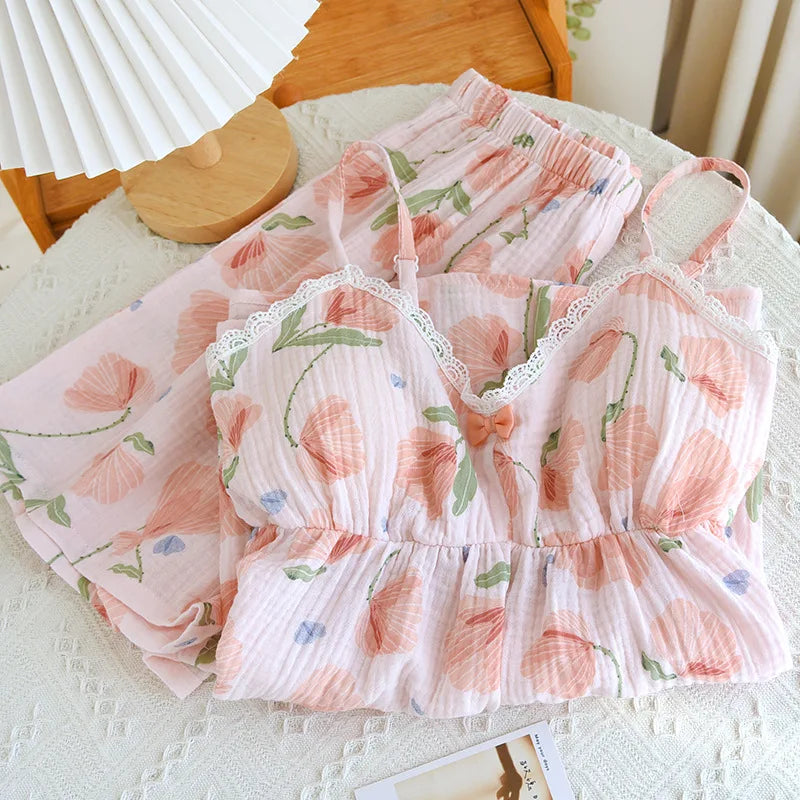 Floral Cotton Camisole Pajama Shorts Set