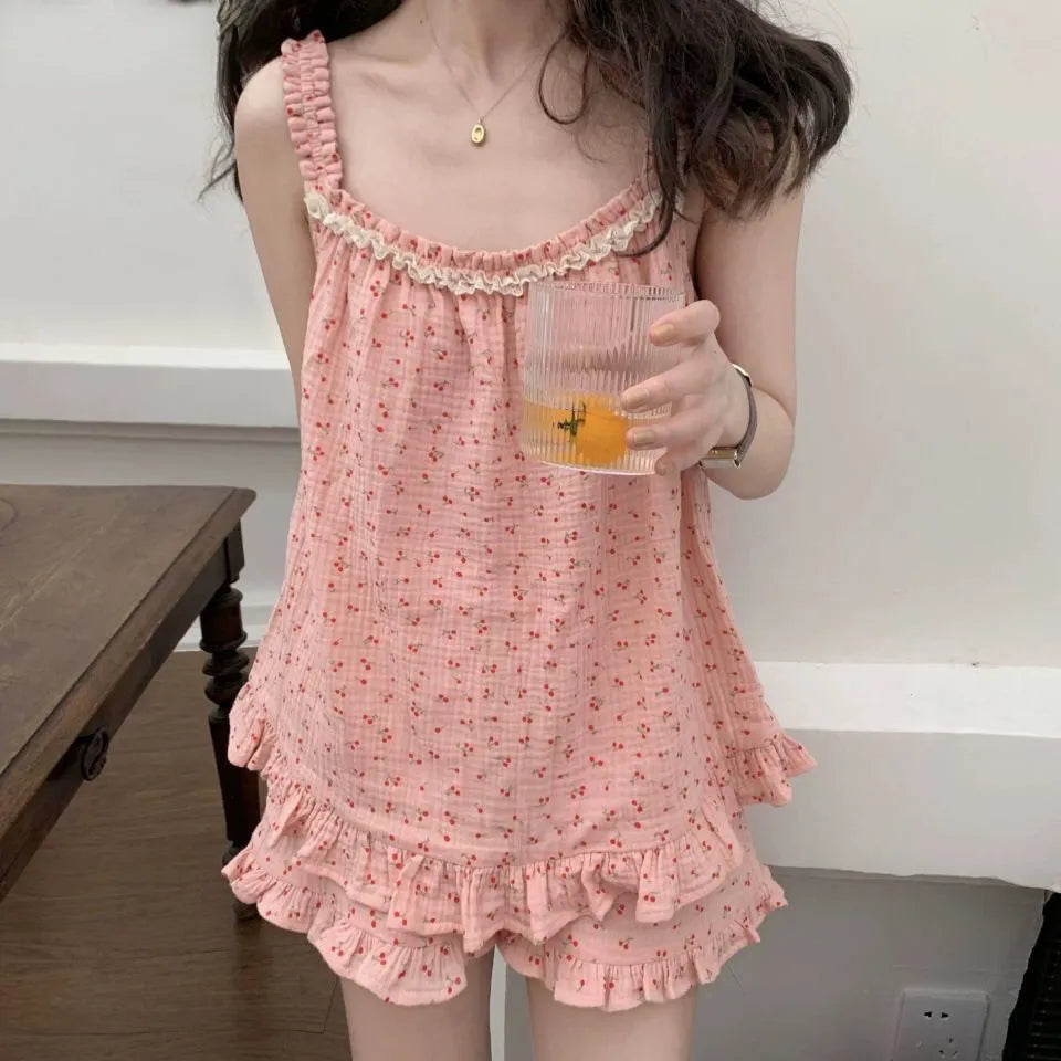 Cherry Cotton Spaghetti Strap Shorts Pajama Set
