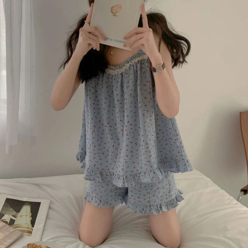 Cherry Cotton Spaghetti Strap Shorts Pajama Set