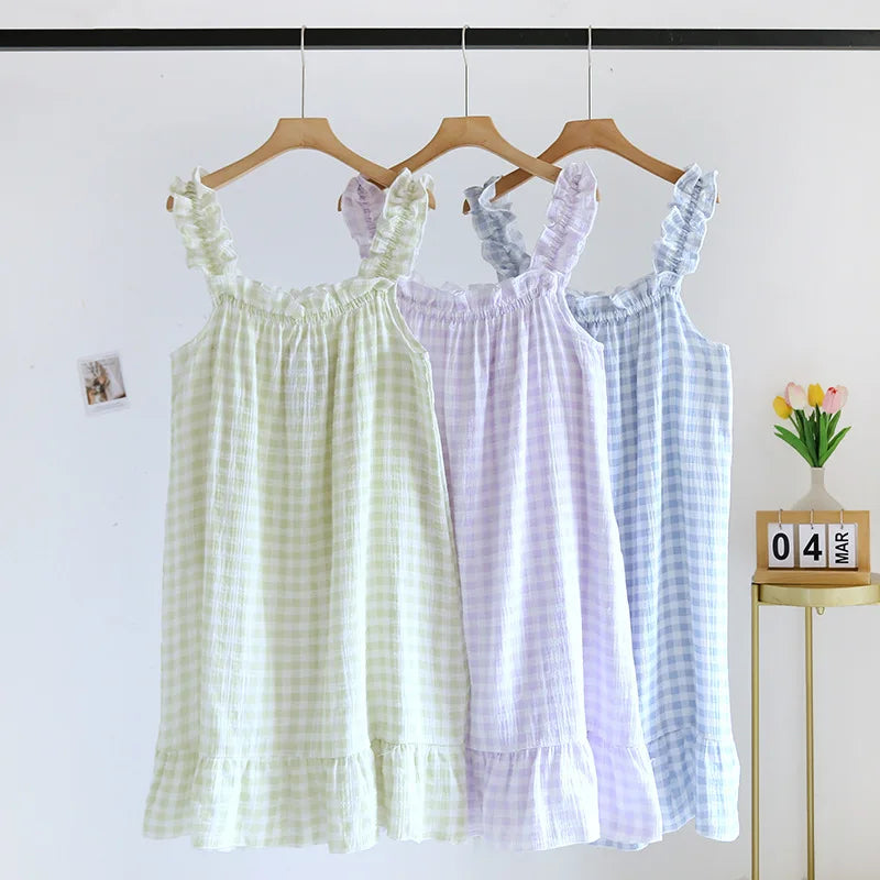 Breezy Thin Plaid Cotton Nightgown