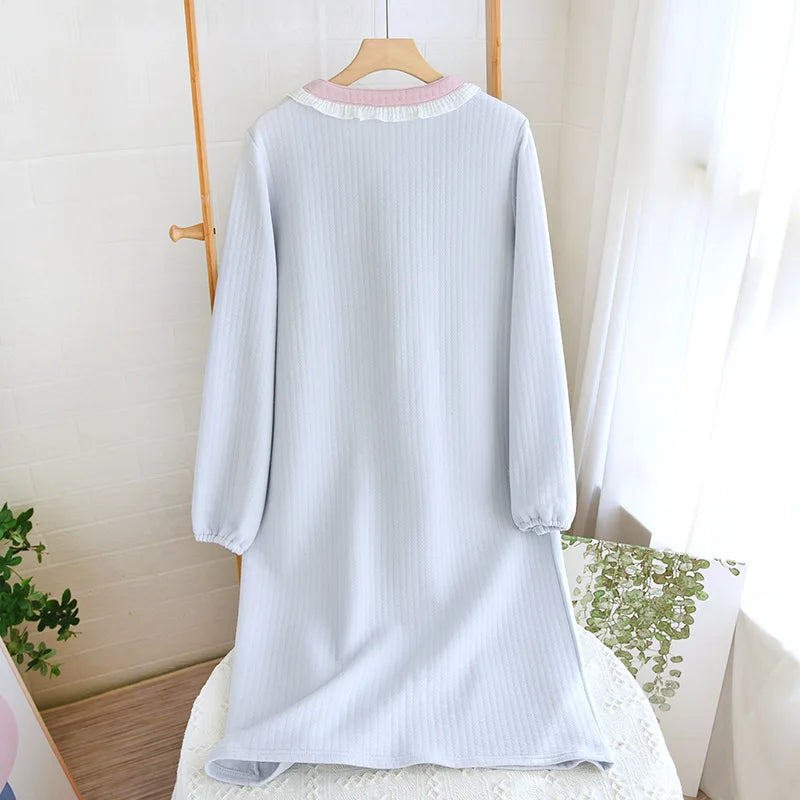 Cozy Thermal Pastel Cotton Long-Sleeve Nightgown