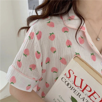 Strawberry Cotton Short Sleeve Shorts Pajama Set