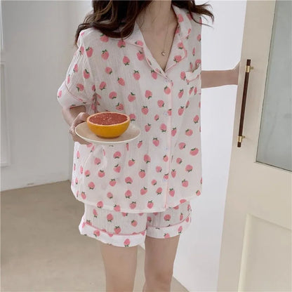 Strawberry Cotton Short Sleeve Shorts Pajama Set