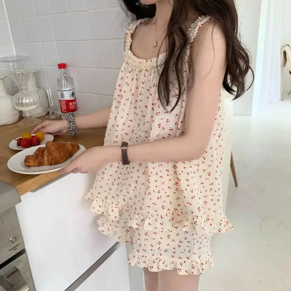 Cherry Cotton Spaghetti Strap Shorts Pajama Set