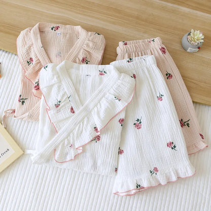 Sweet Lace Cotton Short Sleeve Shorts Pajama Set