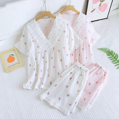 V-Neck Peachy Cotton Short-Sleeve Shorts Pajama Set