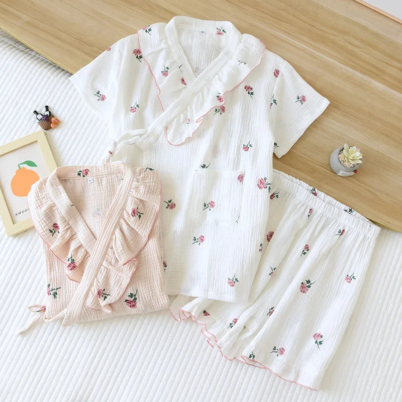 Sweet Lace Cotton Short Sleeve Shorts Pajama Set
