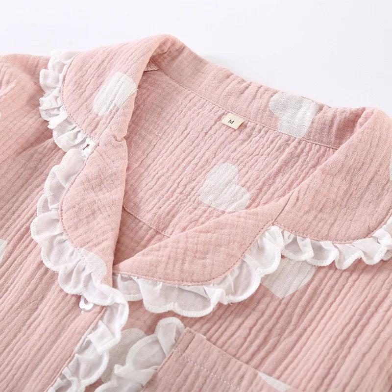 Heart Print Cotton Gauze Short Sleeve Pajama Set