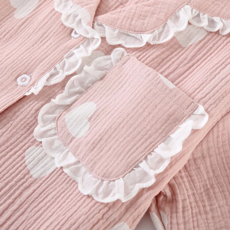 Heart Print Cotton Gauze Short Sleeve Pajama Set